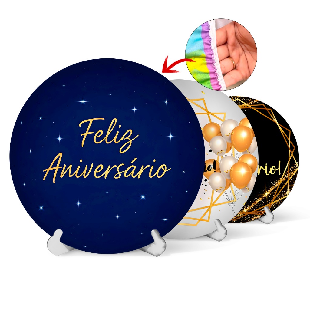 Capa Painel Redondo Feliz Aniversário Sublimado Elástico 50Cm