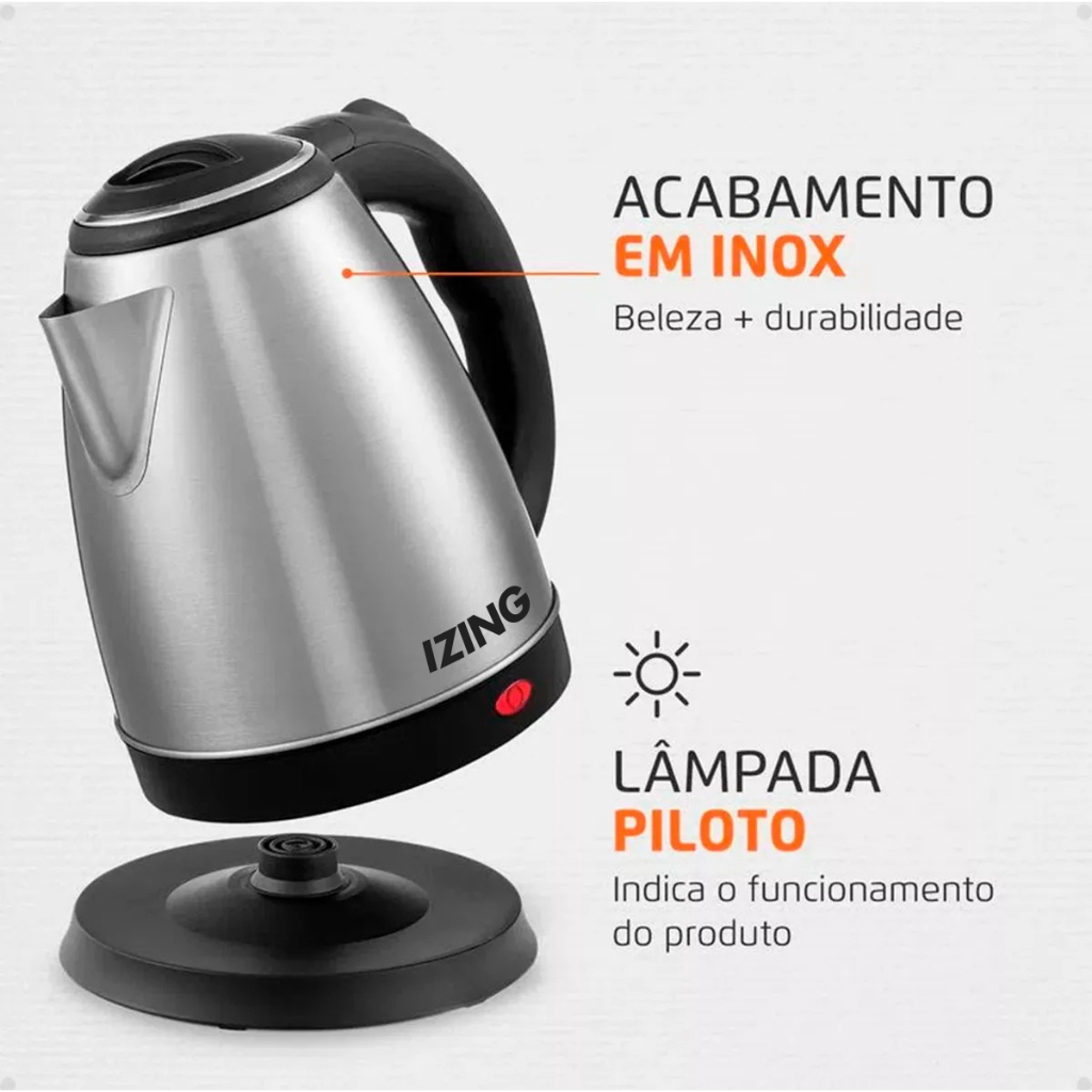 Chaleira Elétrica 1.8L Jarra Aço INOX desligamento automático Ferve Rápido Izing