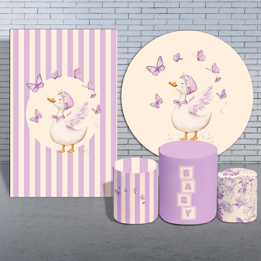 Kit Capa Painel Retangular + Redondo e Trio Cilindro  Decoração Patinho Baby Lilás Chá de Bebê Oferta