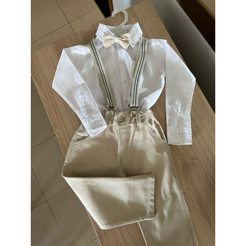 Conjunto Body Social Manga Longa Calça Suspensório Gravata - para Batizado Festa Casamento Pajem Bege