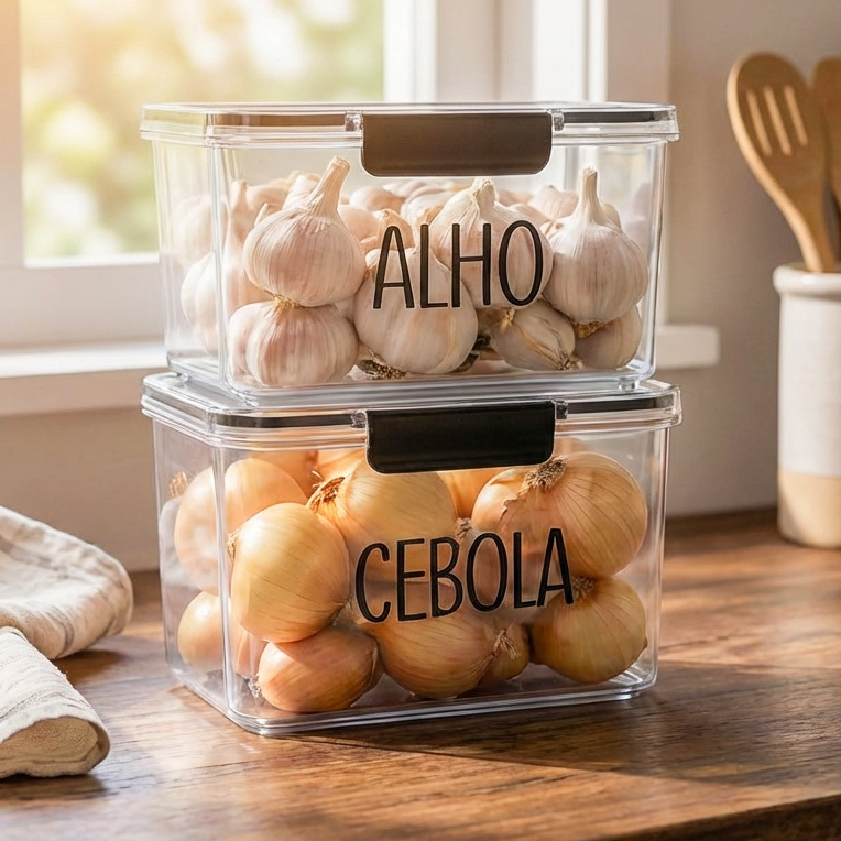 Organizador Multiuso de Geladeira 1,9L - Pote Hermético com Etiqueta, Porta Alho | Avulso ou Kit em Oferta na Shopee