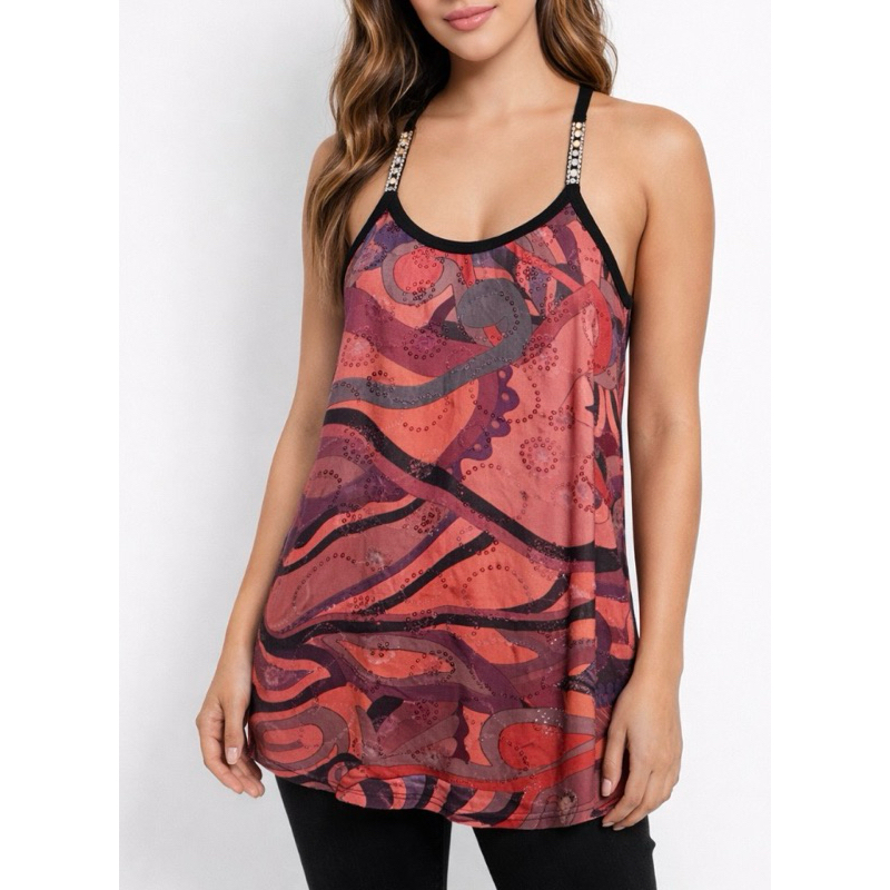 blusa estampada de alcinha regata com pedraria e renda vintage feminina