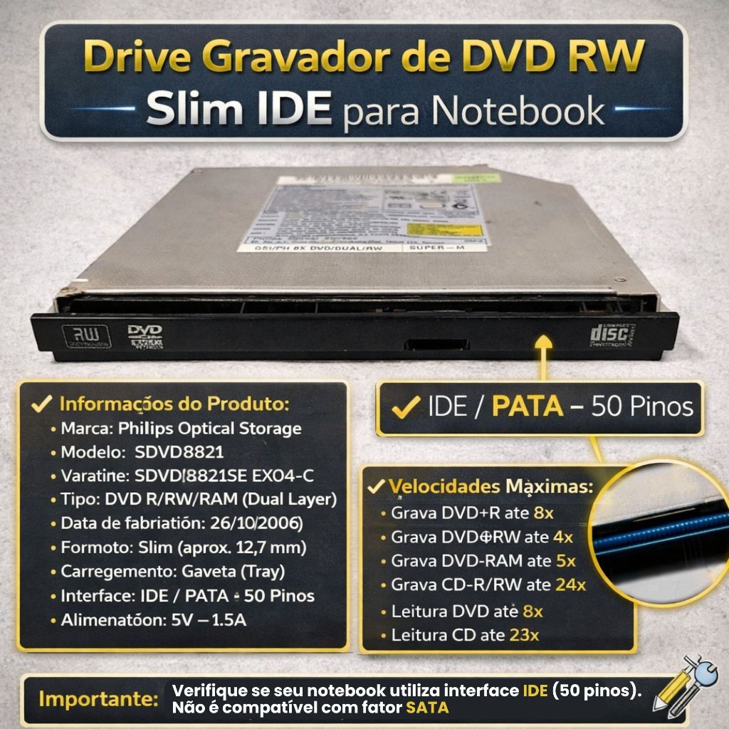 Gravador DVD RW Slim IDE 50 Pinos Notebook Philips SDVD8821