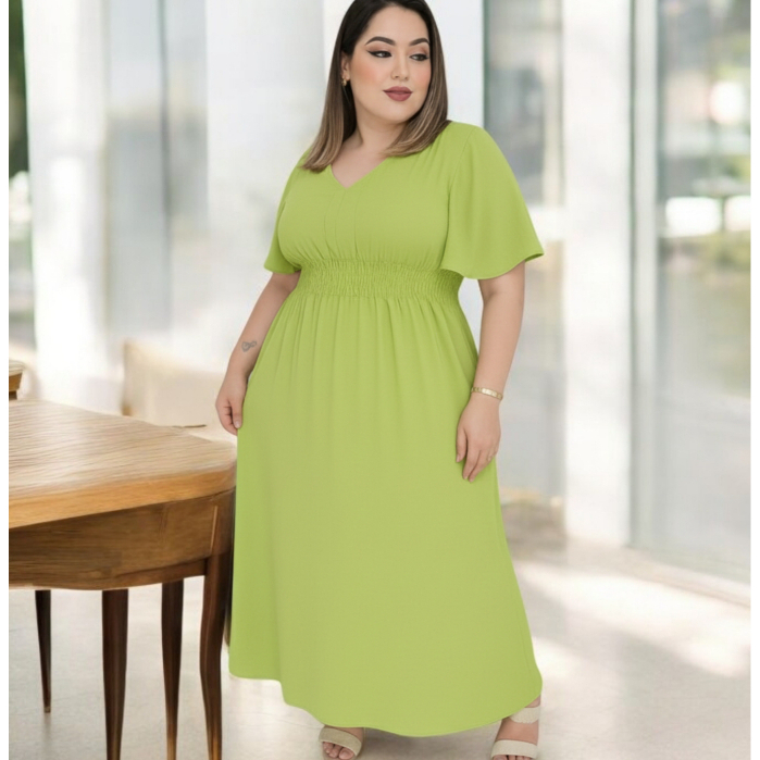 Vestido Longo Plus Size Manga moecego Decote V Tecido Leve sem forro Caimento Solto do G1 ao G3