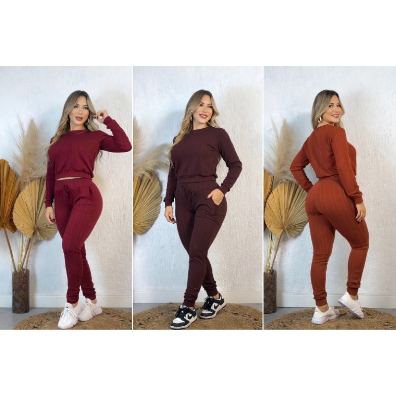 Conjunto Femenino Em Ribana Premium Moda Inverno Blusa Gola Redonda Manga Longa,Calça em Oferta na Shopee