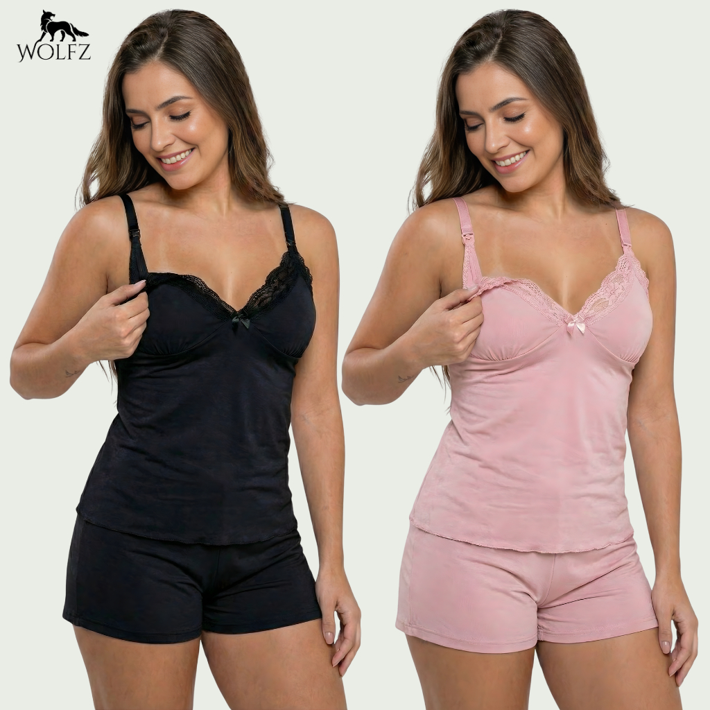 Kit 2 Baby Doll com Sutiã Amamentação de Abotoar Abre Fácil Confortável para Gestante Saída de Maternidade e Pós Parto