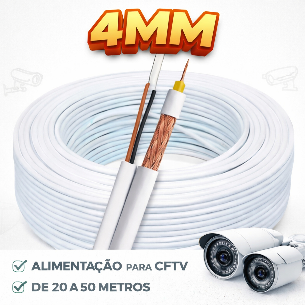 Cabo Coaxial 4mm + Bipolar Para Instalações De Câmeras CFTV RF 20 30 e 50 Metros em Oferta na Shopee