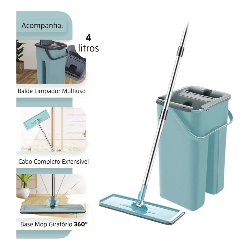 Flat Mop Esfregão Giratório com Balde 5 Litros, Cabo Extensível 125cm, Base Giratória 360º, Refil