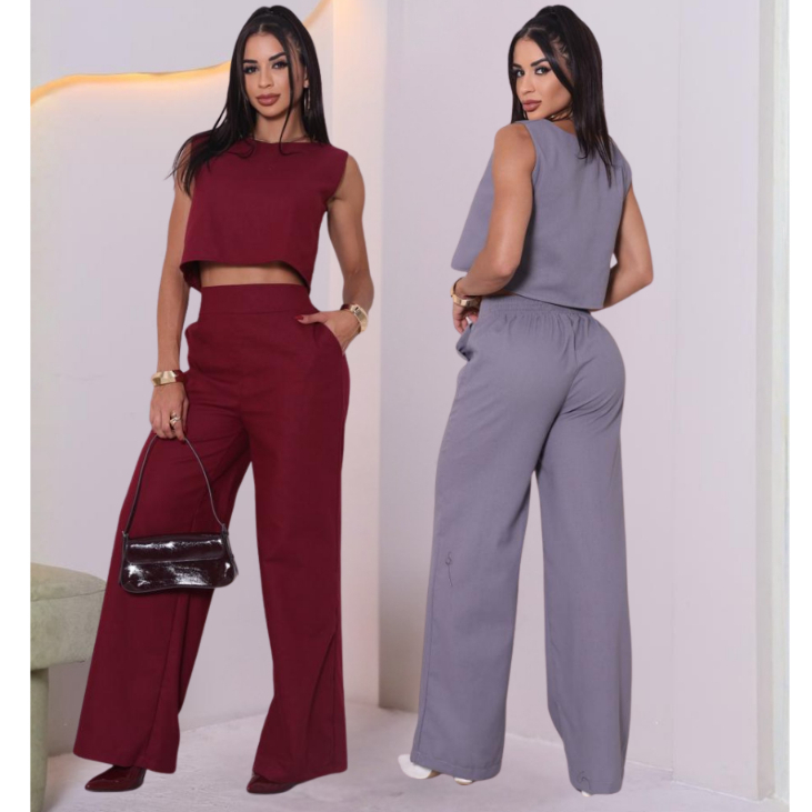 Conjunto Alfaiataria Social Luxo Feminino Calça e Blusa Em Linho