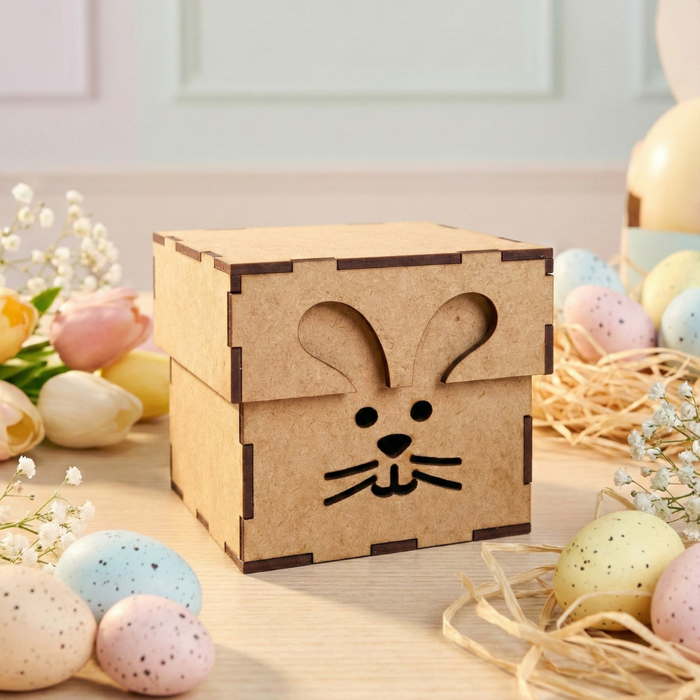 Kit Lembrancinha Caixa Feliz Pascoa Coelho 10x10x7cm MDF