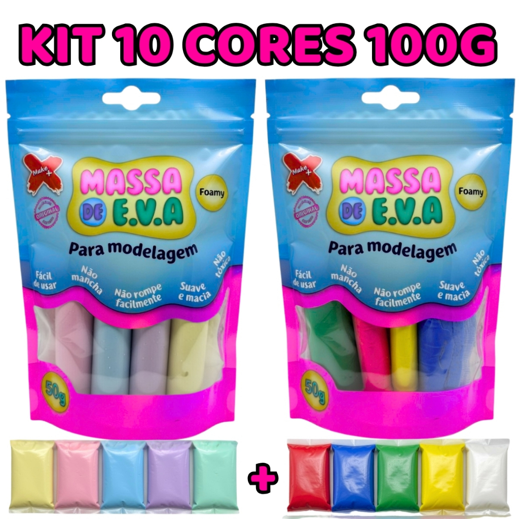 Kit Massa EVA Make+ 10 Cores Pastel e Arco-Íris Artesanato Lembrancinhas DIY Modelar Escolar Infantil