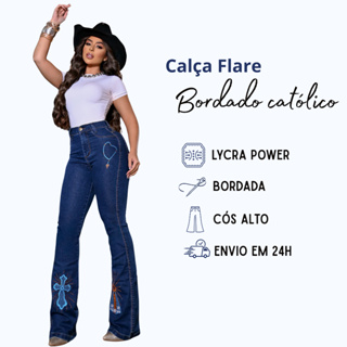 Calça Jeans Feminina Flare Country Cós e Cintura Alta Levanta Bumbum Contry Lycra Elastano Bolsos em Oferta na Shopee