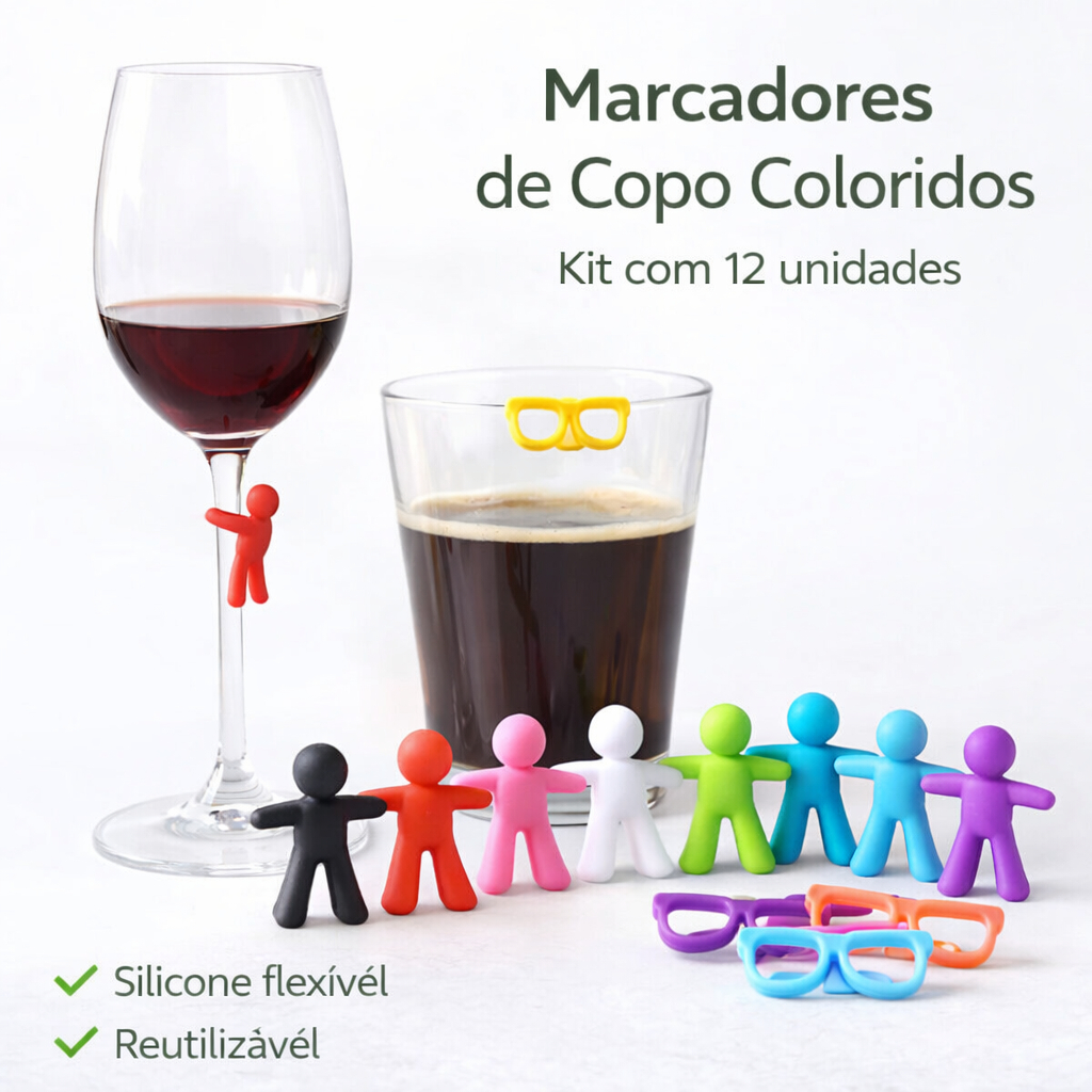 Marcador de Taça e Copo Silicone 12 Unidades Colorido Identificador de Copos para Festa Bar Churrasco