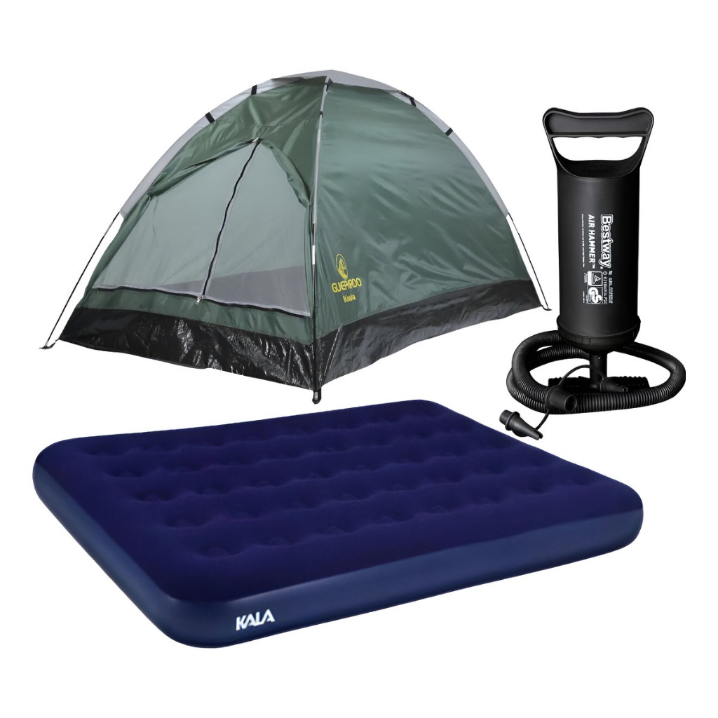 Kit Barraca Camping 2 Pessoas Porta Dupla com Colchão Inflável Casal Resistente + Bomba de Ar