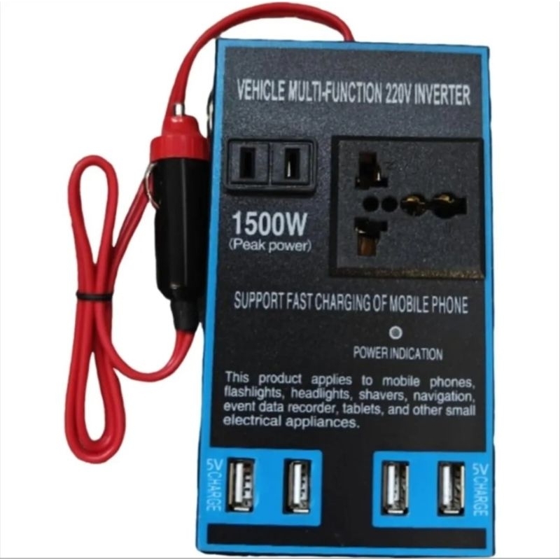 Inversor Veicular 1500W 12V para 220V + 4 USB Carregamento Rápido Tomada Universal Carro