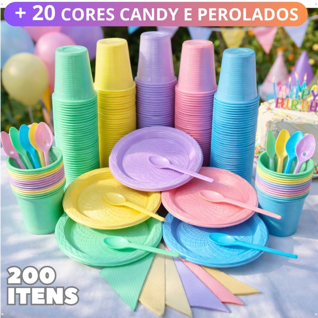 Kit 200 Itens Festa Aniversário Candy Pastel Completo Descartável Pratinho Colher Copo Guardanapo Descartaveis Perolado em Oferta na Shopee