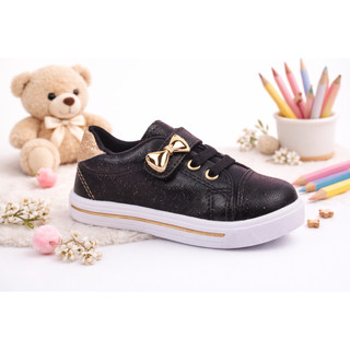 Tênis Infantil Preto Moda Atual Menina Moderno Laço Dourado