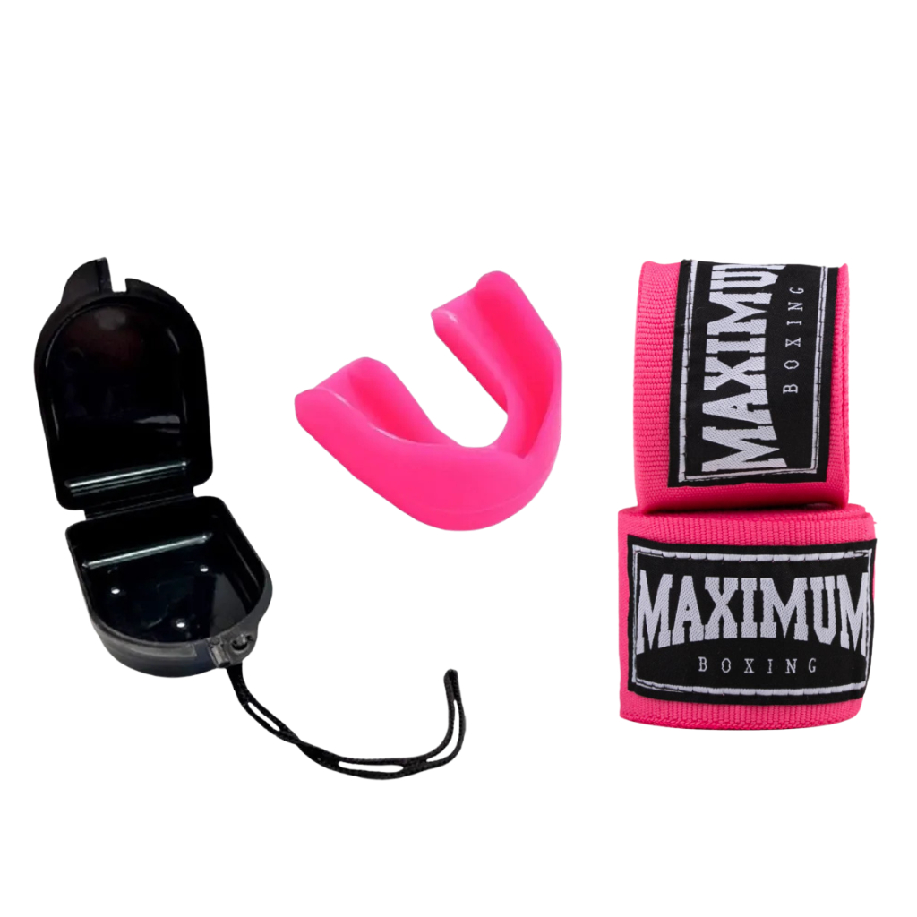 KIT PROTETOR BUCAL ROSA E BANDAGEM ROSA MAXIMUM/  BOXE - MUAY THAI