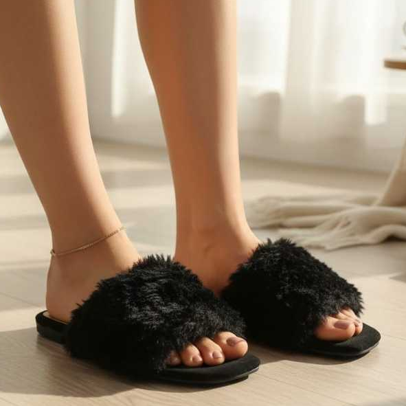 Pantufa Rasteirinha Pelúcia Luxo, Bico aberto, Rasteira com Pelinho Feminina - Chinelo de Quarto,  Do 34 ao 40