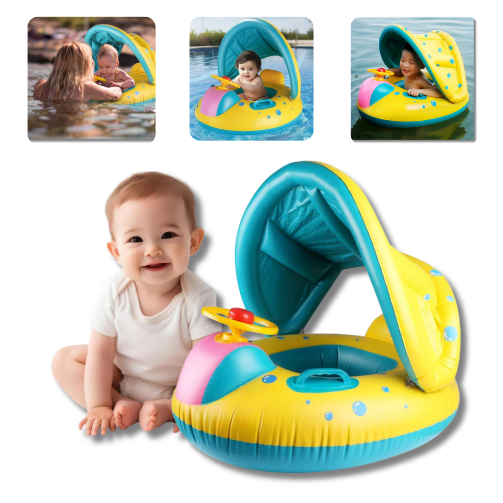 Boia Bote Bebê Infantil Inflável Piscina Praia Com Cobertura Amarela e Azul com Detalhe Rosa