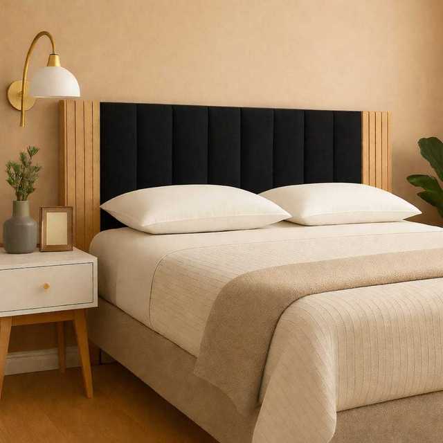 Kit Completo Cabeceira Cama Box Estofada Adesiva+Painel Ripado MDF Cama Solteiro Queen Casal Full