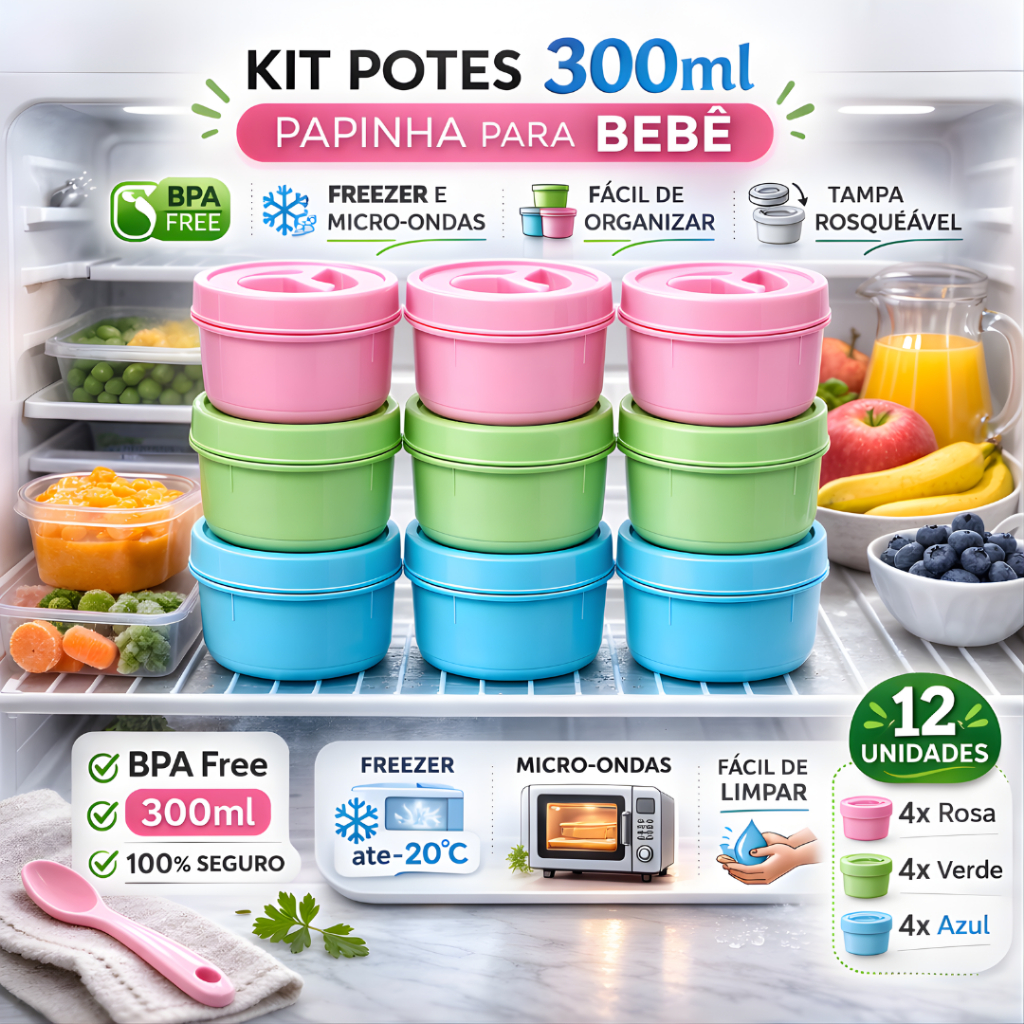 Kit 12 Potes Papinha Bebê 300ml BPA Free Vai ao Micro-ondas e Freezer Tampa Rosca em Oferta na Shopee