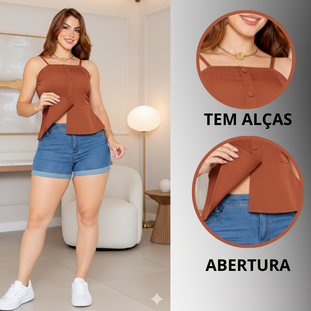 Blusa Tomara que Caia Alfaiataria Com Botões e Alcinhas Reguláveis Tendencia 2026.