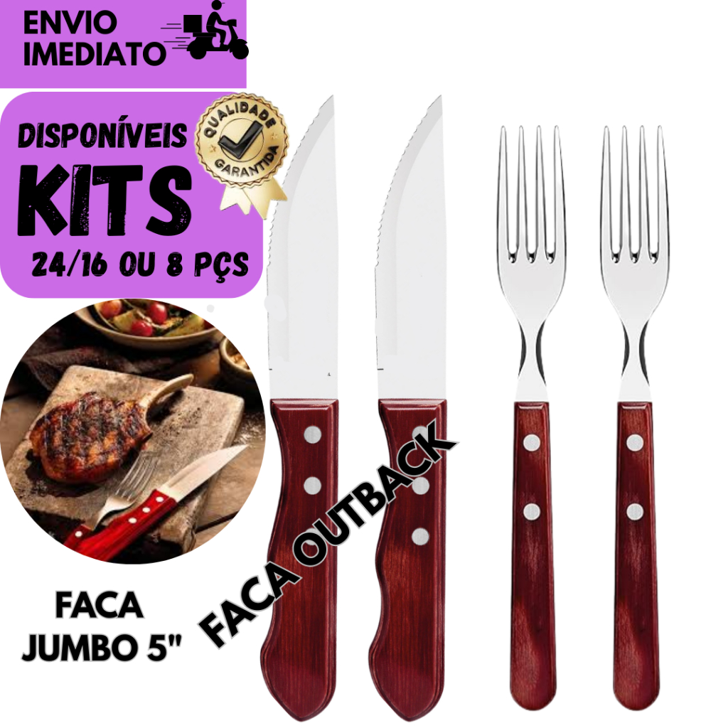 kits 24/16 ou 8 Faca Jumbo + Garfos Inox Cabo de Madeira p/Churrasco Outback Tons Madeira Natural