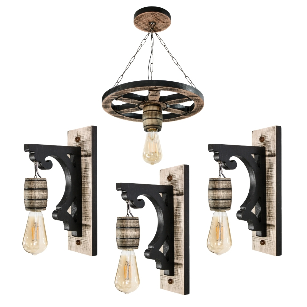Kit 4 Luminárias Pendente Roda de Carroça e Luminárias Arandela Retrô Para Decoração - Rústico