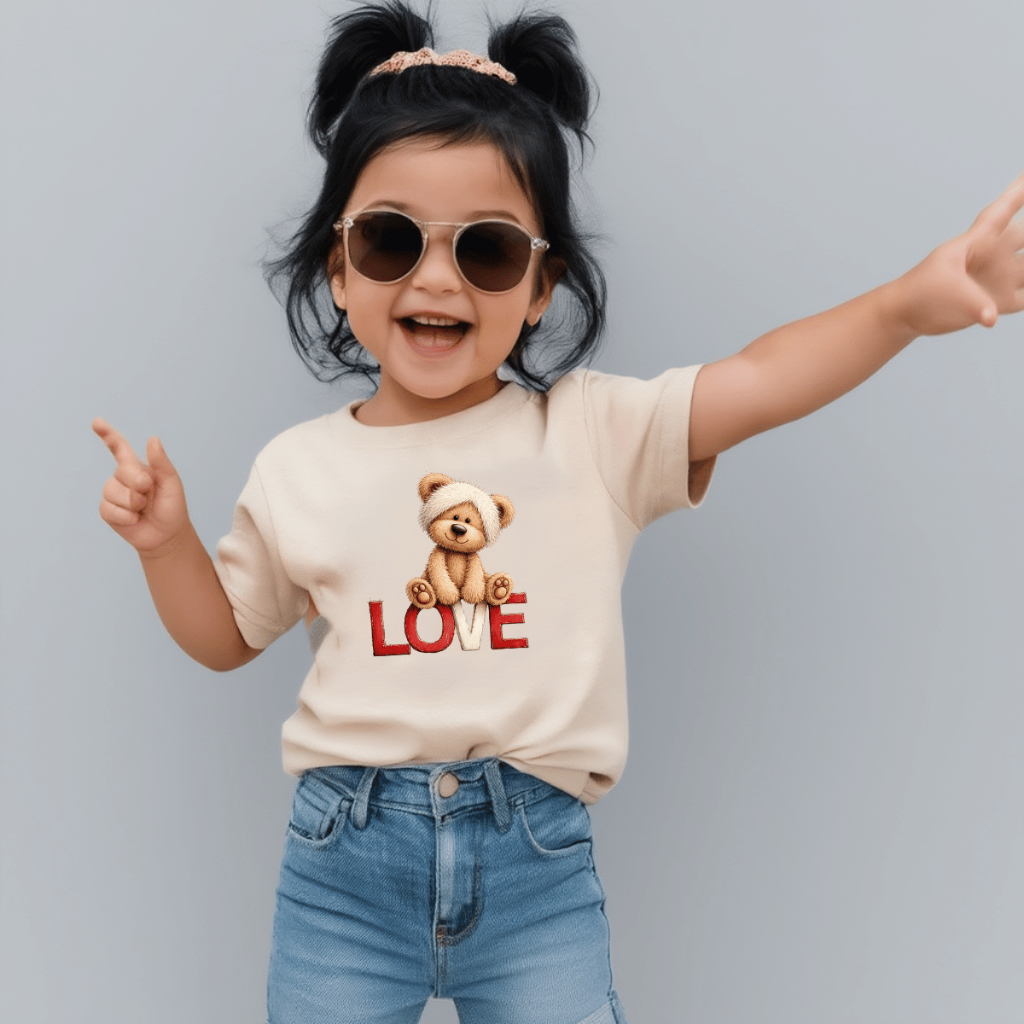Camiseta Infantil Estampada Criança 100% Básica Manga Curta Unissex Masculina e Feminino Básica Ursinho Love
