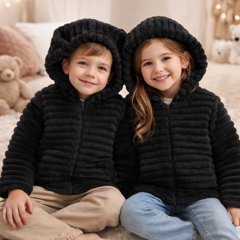 Blusa de Frio Infantil Escolar Menino e Menina Casaco Teddy com Capuz Soft Pelúcia Quente Fofinha