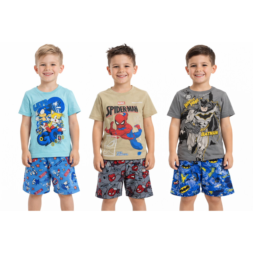 Kit 3 três conjuntos INFANTIL masculino menino super heróis personagens algodão camiseta e bermuda 6 peças barato
