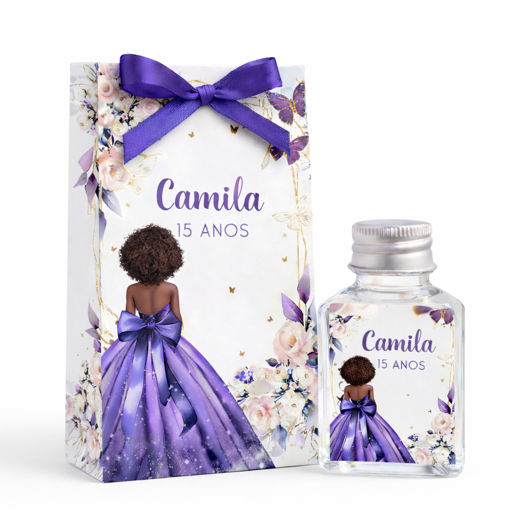 Lembrancinha 15 Anos Personalizada com Nome / Kit Sacolinha + Aromatizador / Tema Princesa Lilás