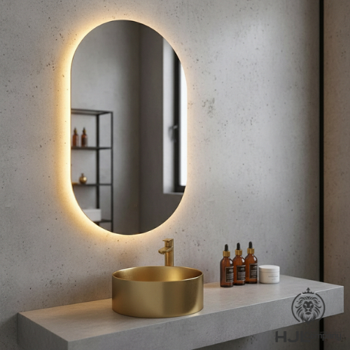 Espelho Grande De Parede Oval Com Led Orgânico Banheiro Sala Quarto Luz Quente E Fria