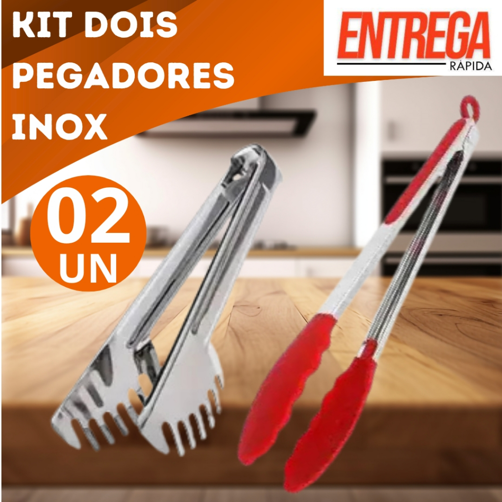 Conjunto Pegador Silicone Inox e Pegador de Salada Para Massas, Macarrão, Churrasco Profissional Cozinha, Restaurante em Oferta na Shopee