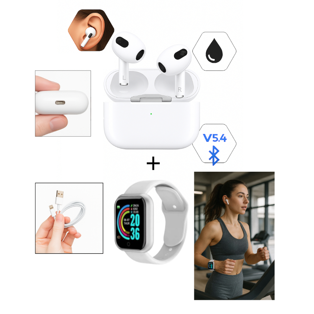 Kit Relogio Smartwatch D20 +Fone Bluetooth FN-BT10 Sem Fio TWS Com Case Carregado Barato Android iOS