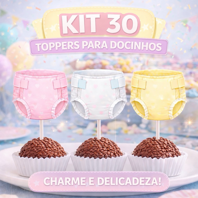 kit de 30 Topos para Chá de fraldas - Topinhos - Toppers - Tags - Chá revelação