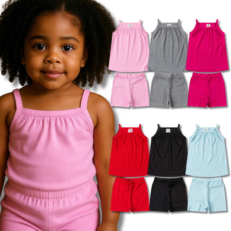 Kit Sortido 2, 3 ou 4 Conjunto Monocromático Liso Feminino/Menina Infantil Blusa de Alcinha + Shorts em Oferta na Shopee