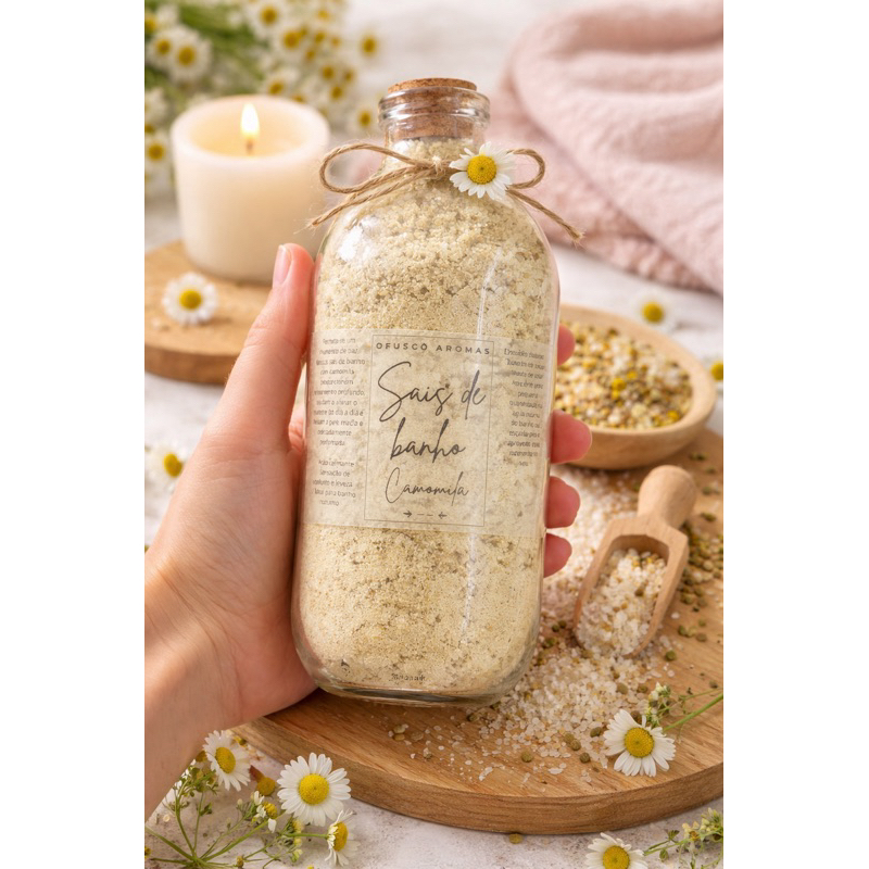 Sais de Banho de Camomila VIdro rolha 500ml, Escalda Pés, Banho Premium, Relaxante, Anti ansiedade, estresse, presente em Oferta na Shopee