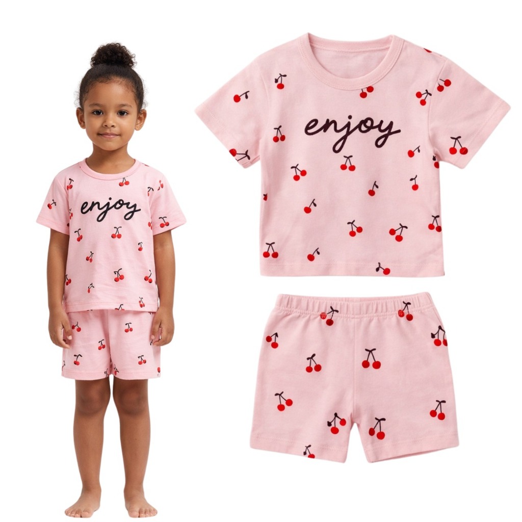 Conjunto Infantil Estampa Cerejinha 100% Cotton Blusa Short Roupa Confortável