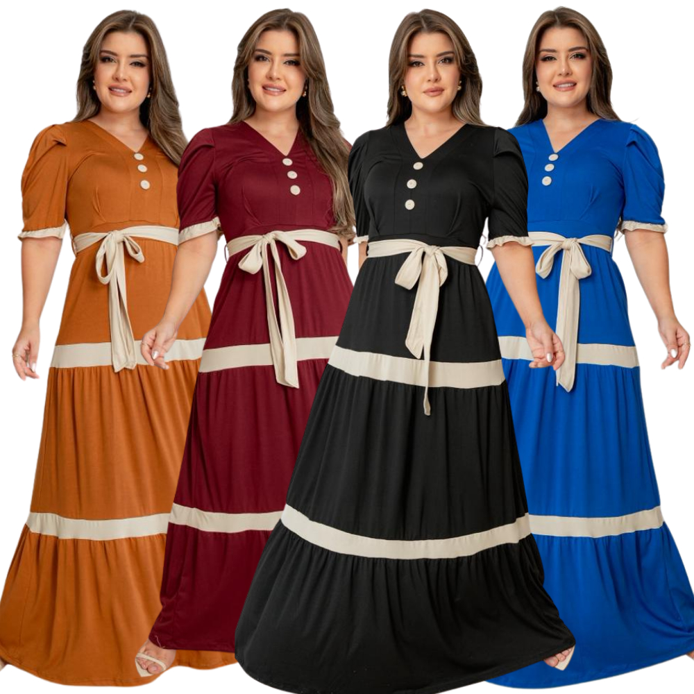 Vestido Feminino Casual Bicolor Manga Estilosa Com Botão Saia Três Marias Moda Evangelica Plus Size em Oferta na Shopee