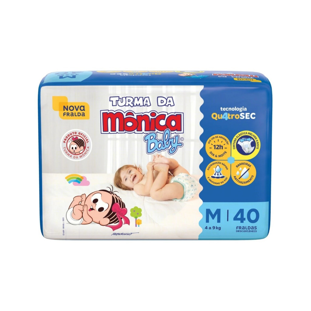 Fralda Turma da Mônica Baby Econômica | Tamanho M | 40 Unidades | 4 a 9kg | Alta Absorção, Antivazamento, Confortável