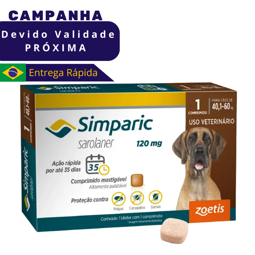 Simparic Antipulgas E Carrapatos Cães 40,1 A 60kg - Caixa de 1 Comprimido VENC JUN26 em Oferta na Shopee