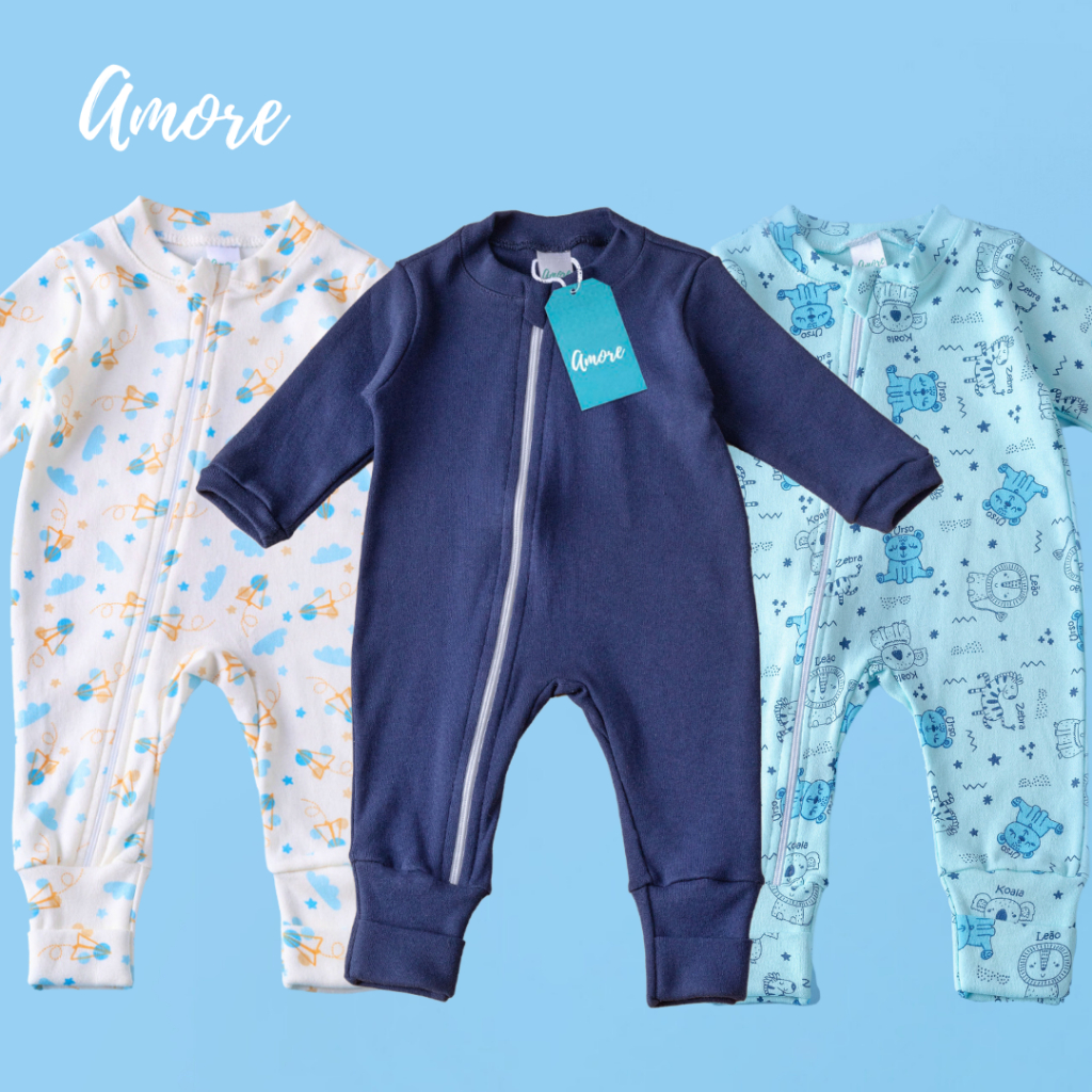 Kit 3 Macacão Roupas Bebê Amore Vira Pé com Zíper Aviãozinho 100% Algodão em Oferta na Shopee