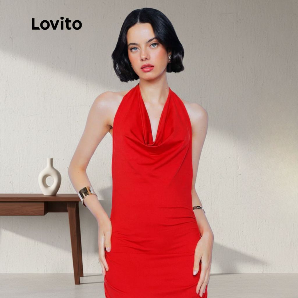 Lovito Vestido Festa Longo Vermelho Feminino Decote Degagê LB935BRL965 em Oferta na Shopee