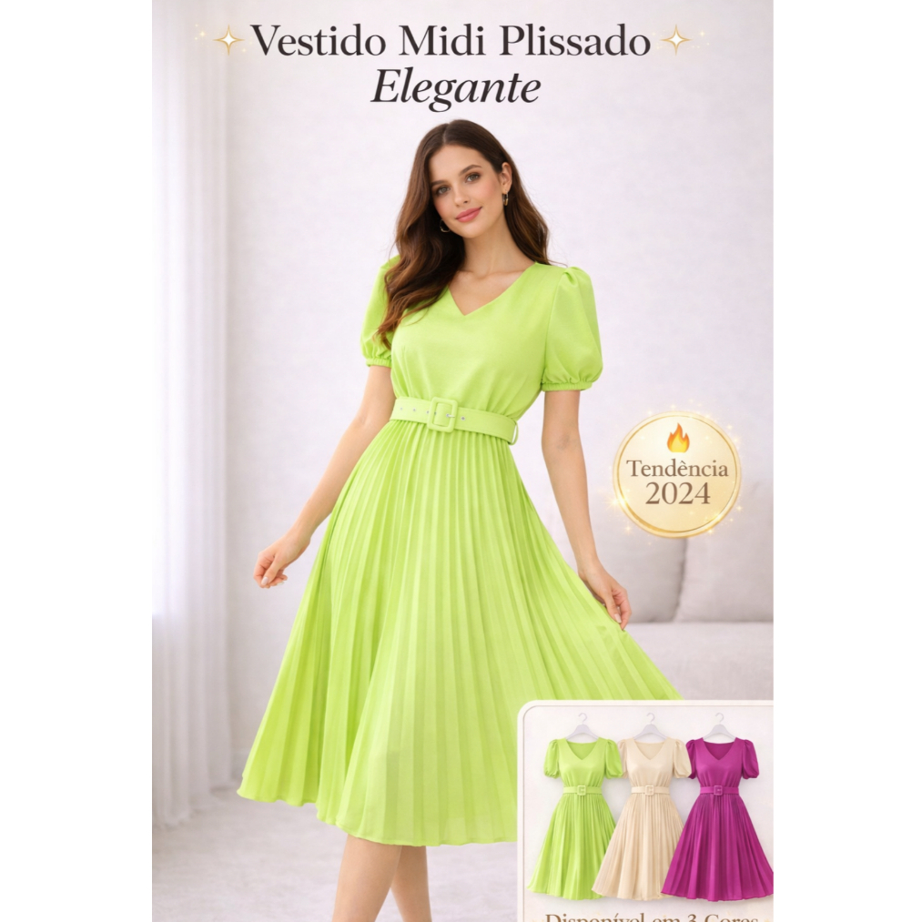 Vestido Plissado Lisa Midi Rodado Moda Evangelica Manga Bufante e Cinto em Oferta na Shopee