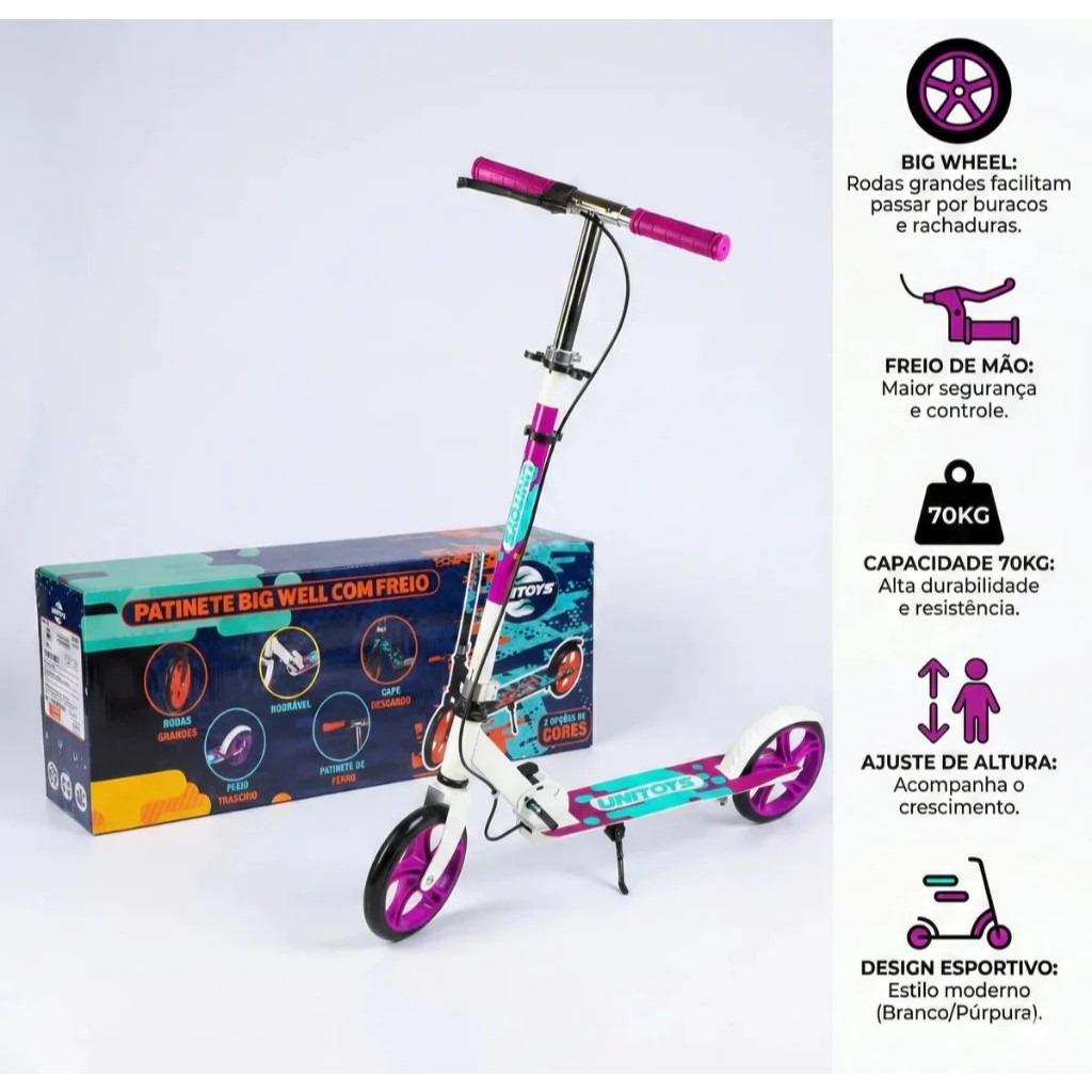 Patinete Infantil Dobrável Rodas Grandes Freio Mão 70kg Scooter Menino Menina Ajustável Criança