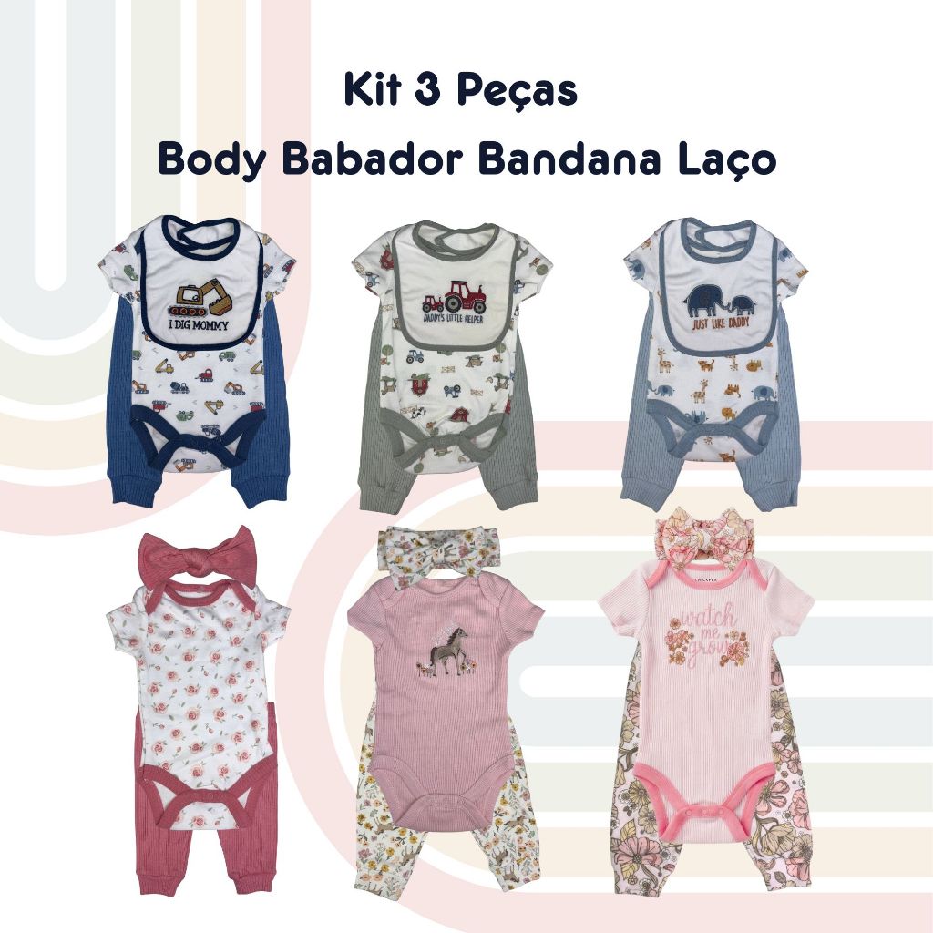 Kit 3 Peças Body Babador Bandana Bebê Canelado Algodão Feminino e Masculino em Oferta na Shopee