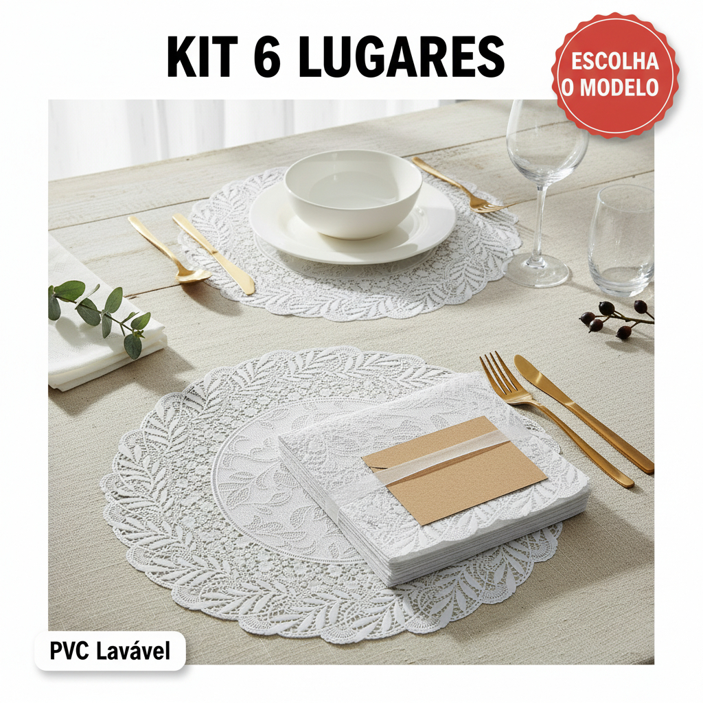 Kit 6 Lugar Americano Redondo 38cm Rendado PVC Lavável Mesa Posta (Escolha o Modelo)