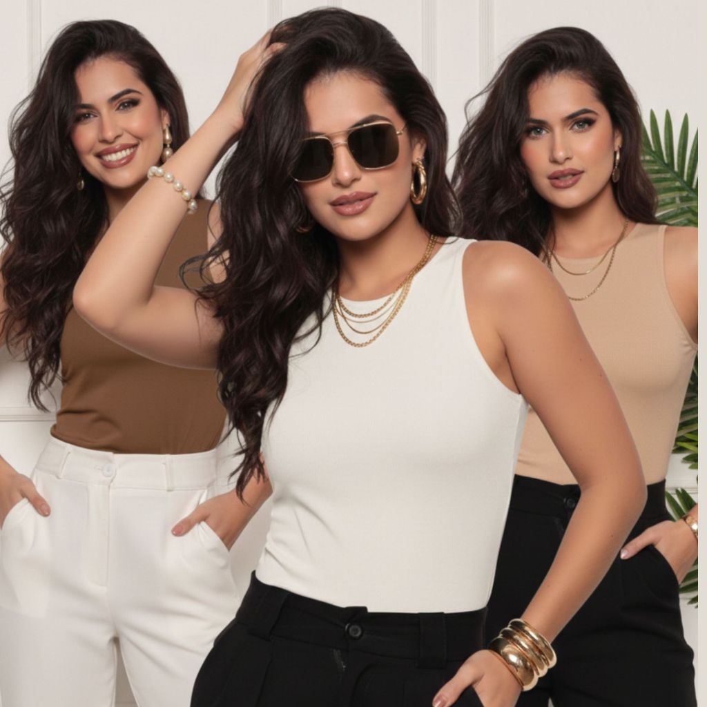 KIT 3 Blusas Regata Feminina Casual Basica Suplex Duplo Blusinha Blogueira Tendencia Versatil Trabalho